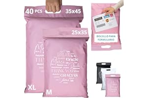 EMBALLAX 40 sobres para envíos de ropa CON BOLSA PORTADOCUMENTOS - 2 Tamaños M/XL - 100% OPACO/ULTRA-RESISTENTE/IMPERMEABLE - Sobres Plastico con Asa - Bolsas de Envio Paquetes (Rosa, Tamaño M/XL)