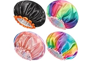 mikimini 4 Pack XL Shower Cap for Girls and Women, Mixed 4 Colors Sparkle Rainbow Stylish Shower Caps with Lace, Reusable Waterproof Bathing Shower Hat for Girls