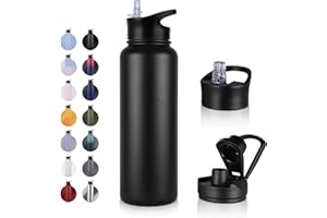 UMBFUN Stainless Steel Drinking Bottle - 1.2 L - with Straw, Leak-Proof, Suitable for Carbonated Drinks, BPA-Free Thermos Bottle (+ 2 Lids) Vacuum Double Wall Insulation for Sports, Travel, Camping,