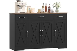 ‎HOCSOK HOCSOK Sideboard, 140 cm Breit Küchenschrank mit 2 Verstellbaren Regalen, Buffetschrank mit 3 Schubladen 4 Türen, Küchenbuffet für Wohnzimmer, Küche, Flur, Schwarz & Braun