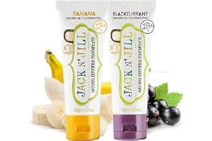 JACK N' JILL ................. SINCE 1949 Jack N' Jill Kids Natural Toothpaste, Made with Natural Ingredients, Helps Soothe Gums and Fight Tooth Decay, Suitable from 6 Months Plus Banana and Blackcurrant Flavour Bundle 2 x 50g