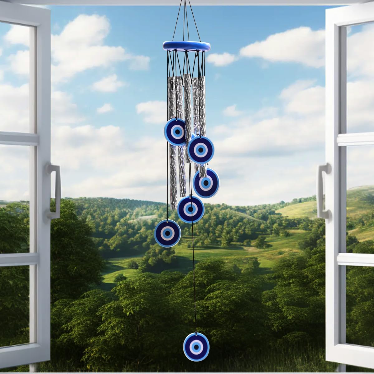 Shubhanjali Metal Evil Eye Wind Chimes For Home Positive Energy 27Inch Turkish Wind Chime For Wall Hanging Decoration Items F
