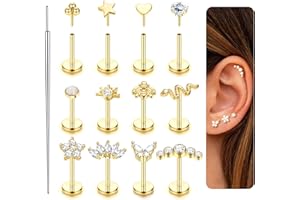 JeweBella 12 Pezzi Piercing Naso per Donna Acciaio Chirurgico Nostril Piercing Orecchio Trago Stella Cuore Serpente Orecchini Piatto 20G Helix Piercing Labret Naso Oro/Argento