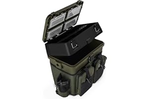 NORMANI Sitzkiepe Angelobox Angel-Sitzbox Angelrucksack Angeltasche Angelkoffer Angler-Gerätekasten mit 4 Tackle Boxen Farbe Oliv