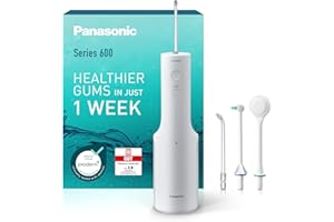 ‎PANASONIC Panasonic Series 600 Ultraschall-Munddusche EW-DJ67-W303, Zahndusche, Munddusche kabellos, 200 ml, IPX7, 2 Ultraschalldüsen, 1 kieferorthopädische & 1 Zungenreinigungsdüse, 5 Wasserdruckstufen, Weiß