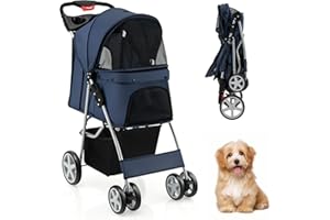 SOARS Poussette Chien Pliable, Charge 15 KG, Pousette Chat avec Fenêtre en Filet, Porte-Gobelet, Panier de Rangement, Coussin Confortable, pour Animaux de Compagnie, 87 X 46 X 102 CM (Bleu Foncé)