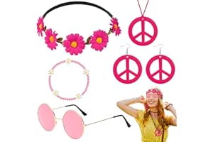 HEAWAA 5 Piezas de Accesorios de Disfraz Hippie, Accesorios Vintage para Disfraz Hippie con Gafas Símbolo de la Paz Collar Pendientes Diadema Pulseras para Mujer Hombre Años 60 70 80 Fiesta