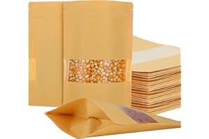 GOYADA 200 Stück Papiertüten mit Fenster 14 x 20 cm, Kraftpapierbeutel mit Fenster, Braune Papier Beutel Mit Sichtfenster für Bohnen, Tee, Gewürze, Getrocknete Früchte