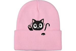 HuangJingYu Svart katt beanie dam stickad mössa med broderi katter dekoration present för kattälskare beanie flickor och kvin