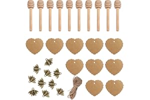 Butyeak Miele ​Bastoncini in Legno, Cucchiaio Miele, Lnclude 10 api in Bronzo, 10 Etichette in Carta Kraft e 2 Metri di Spago di Iuta, Regali Natale