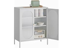 HOMSTEEL Sideboard Schrank, Metallschrank mit transluzenten PC Board Türen, Zwei Farbe Griffe, Liquor Schrank mit verstellbaren Regalen für Küche, Esszimmer, Wohnzimmer, Flur, Weiß