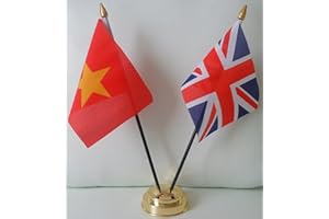 UKFLAGSHOP Vietnam Vietnamese Union Jack 2 Flag Friendship Desktop Table Centrepiece Flag Flags With Gold Base Ideal For Party Conferences Office Display