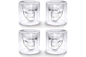 Eidoct Lot de 4 verres à shot en cristal à double paroi avec motif tête de mort - Verres à whisky - Tasse à bière cool pour vin, cocktail, vodka - 25 ml x 4