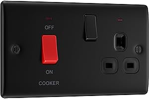 BRITISH GENERAL BG Electrical Cooker Switch with Socket and LED, Cooker Control Unit, Control Socket, Double Pole, Raised Profile, Round Edges, Nexus Metal, Matt Black, 45A, NFB70B