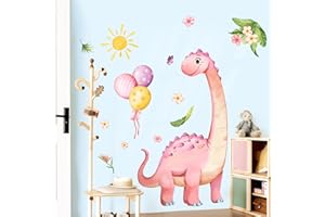 Supzone Adesivi Murali Bambini Grandi Dinosauri Rosa Adesivi da Parete Fiori di Palloncino Dino Decorazione Murale per Camere Ragazze Bambini Camera da Letto Soggiorno