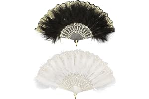 MIVAIUN 2 sztuki, składany ręczny wachlarz z piór, haftowany kwiat marabuta, składany wachlarz w stylu lat 20., akcesoria do kostiumu na Halloween, taniec, wesele, studniówkę, herbatę (2 sztuki)