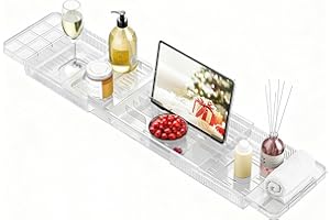 GOURDBRO Vassoio Vasca da Bagno in Acrilico, Regolabile per Vassoio da Bagno Portaoggetti, Mensola Vasca da Bagno per Contenere Libro, Ipad, Telefono, Bicchiere, Candela, Accessori Vasca da Bagno Trasparente