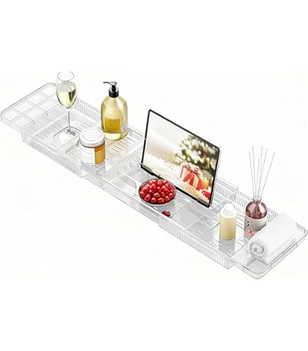 Verstellbare Badewannenablage Aus Acryl - Ausziehbar 56-80 Cm Mit Tablet-Halter & Ablauföffnungen