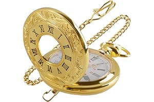Tiong Vintage Roman Number Quartz Steampunk Pocket Watch with Chain for Men Birthday Christmas Gifts