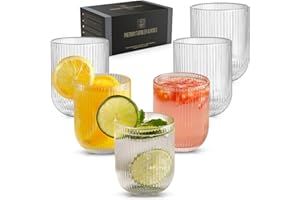 TKNO 6X 260ml Ribbed Tumbler Glasses Water Glasses Gin Juice Cocktail Glasses Drinking Glassware Origami Style Fluted Ripple Beverage Tumblers Set, Ideal for Home, Restaurant, Events & Parties