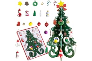 GIGGLEYE Mini Weihnachtsbaum mit 24 Anhänger Adventskalender, 3D DIY Künstliche Holz Weihnachtsbaum, Geeignet als Spielzeug, Geschenk oder Weihnachtsdekoration