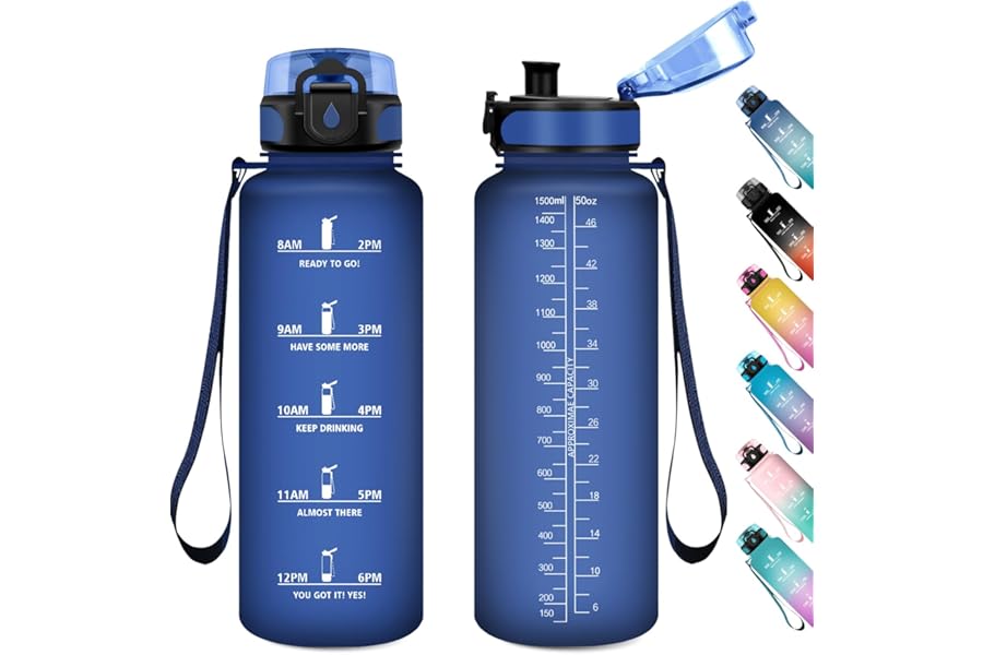 1.5L Water Bottle, Filter Bottle, Leak Proof Bottle, Reusable Plastic Bottle, Sports Water Bottle with Motivational Time Indicator, Water Bottles for Gym, Camping