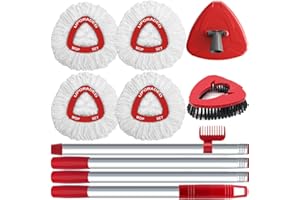 WAKAYOYO 4 Pack Spin Mop Replacement Head Compatible with Vileda Turbo System, 30-58" Mop Handle, Upgraded Triangle Base and Scrub Brush Combo Set, Microfiber Refills