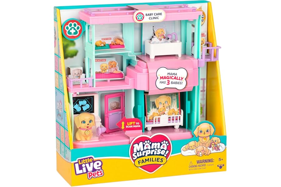Little Live Pets Mama Surprise Families Baby Care Clinic Playset, Magically Reveal 3 Retriever Puppies, 2-Sided Playset (27.8cm/10.9in Wide, 23.8cm/9.3in High). Feed, Bathe, & Play, Fun Gift for Kids
