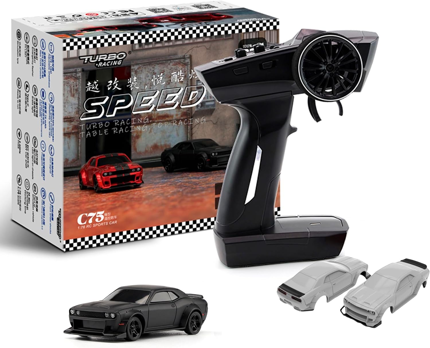 FLYCOLOR TurboRC 1:76 Mini Coche Deportivo 4CH 2.4GHz Control Remoto Completo proporcional RTR Kit con 2 Carcasas reemplazables (C75-Negro)