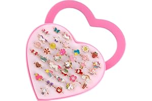 Foydream 36 Pièces Bagues Enfants Fille, Réglables Bague pour Enfant, Bagues Avec Boîte de Coeur Rose Ensemble de Petites Filles Pour Festival Cadeau Fête
