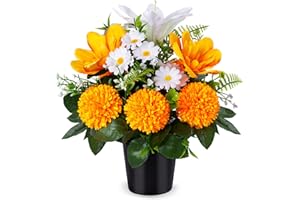 SIFOEL Fleurs de cimetière artificielles en pot, chrysanthmes artificielles avec pot, fleurs funéraires pour cimetière, décoration de tombe (1 pièce, blanc et orange)