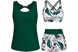 JASAMBAC 3 Piece Tankini Swimsuit for Women Swimwear Tank Top with Bikini Top Boyshort Set