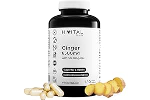 HIVITAL FOODS Zenzero 6500mg. 180 capsule vegane per 6 mesi di trattamento. Estratto Naturale di Zenzero al 5% di Gingeroli, fornendo 32,5mg per capsula. Prodotto in Europa da HIVITAL