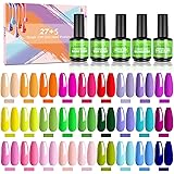 NAILMASHA 32 Pcs Smalto Semipermanente, 27 Colori Estivi Popolari,per Unghie Kit UV LED con Base, Top Coat Lucido e Opaco e S