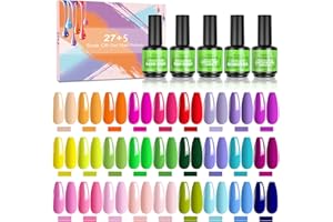 NAILMASHA 32 Pcs Smalto Semipermanente, 27 Colori Estivi Popolari,per Unghie Kit UV LED con Base, Top Coat Lucido e Opaco e Smalto Gel Occhi di Gatto e Solvente per Unghie, 15ML
