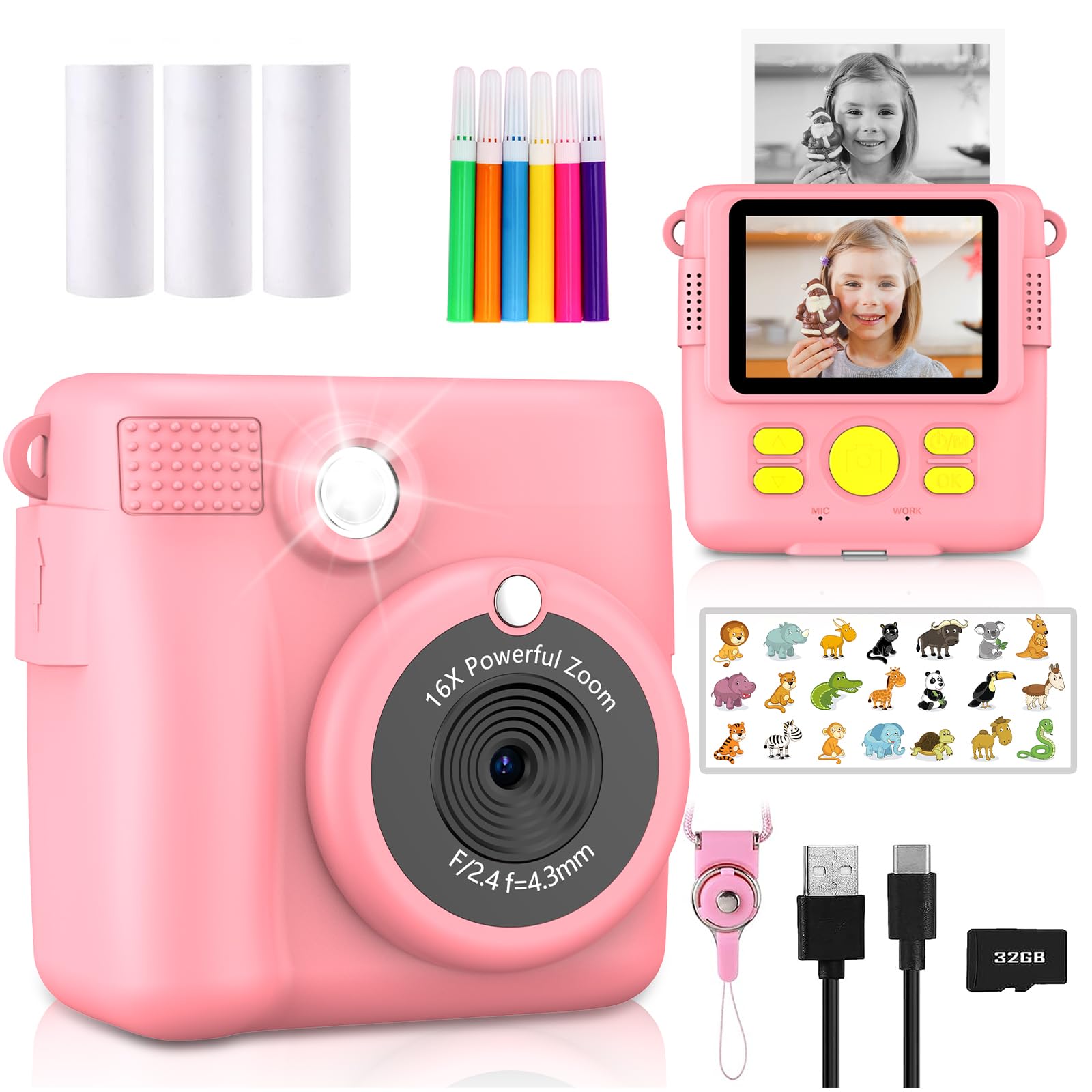 Radekly Instant Print Camera for Kids,Christmas Birthday Gifts for Age 3-12 Girls Boys,1080P HD Digital Video Cameras for Tod