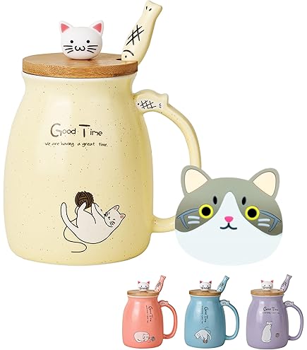 Kat Mok Set Van 2 Schattige Kat Theekop Koffiemok Keramiek Met Kawaii Deksel Schattige Kopjes Voor Kattenliefhebbers 500 Ml Kerst Verjaardag Kat Cadeau Mok Blauw En Geel