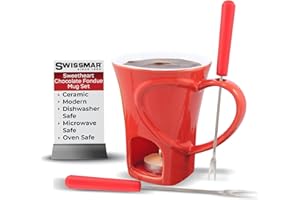 ‎SWISSMAR Swissmar F12066 Sweetheart Schokoladen Fondue Becher Set 4-teiliges, Gusseisen/Edelstahl, Rot, Schokofondue Teelicht Beheizt, mit 2 Fondue Gabeln, Spülmaschinenfest, Geschenkset