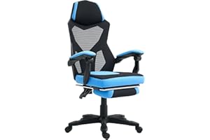 Vinsetto Silla Gaming Giratoria de Malla, Silla Gamer con Reposapiés Retráctil, Respaldo Reclinable y Alto, Altura Ajustable, Reposabrazos Acolchados, Azul