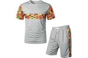 Ni_ka Ensemble Survetement Homme Taille Elastique Vetement Africain Imprimé DéContractéE Sports Jogging T-Shirt à Manches Courtes Ensembles Short Et Shorts Ete Noir Gris Taille S à 2xl