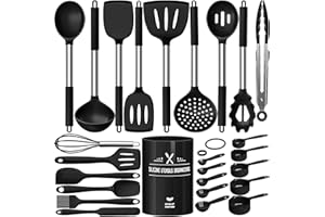 TERLULU Set di 26 utensili da cucina in silicone, resistenti al calore, con portautensili, antiaderenti, con manico in acciaio inox, lavabili in lavastoviglie