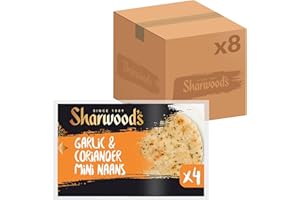 Sharwood's Garlic & Coriander Mini Naans – Aromatic Flame-Baked Indian Flatbreads Infused With Garlic & Herbs, Vegetarian Friendly, 4 Per Pack (Pack of 8, Total 32 Naans)