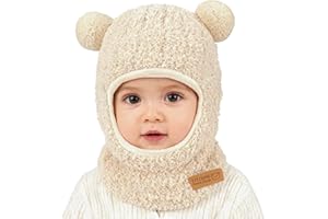 AYPOW Bonnet Cagoule Chaud d'Hiver pour Bébé Enfant, Multifonction Chapeaux Echarpe en Polaire Peluche Thermique Coupe-Vent Tricoté Cache-Cou Capuche Cache Oreilles avec Double Pompon Tout Petit