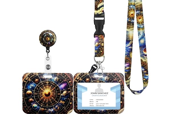 Porte Badge avec Cordon,Tour de Cou Badge avec Porte-Cartes,Equipé d'un crochet d'écrevisse rotatif extensible,Adapté pour Carte d'identité,Carte Bancaire (D-Constellation)