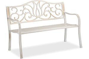 Relaxdays Banco Jardín Antiguo, 2 Personas, Asiento Metal, Balcón y Terraza, 90 x 127,5 x 63 cm, Acero, Blanco y Bronce