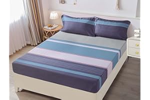 H HANSEL HOME Juego de Sábanas Cama 180, Juego Sábanas 180x190/200cm 4 Piezas, Microfibra Extra Suave, Sábanas Bajera Ajustable, Encimera, 2 Fundas de Almohada - Juego Sábanas Rayas Azules