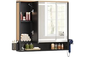 ‎YITAHOME YITAHOME Spiegelschrank Bad mit Beleuchtung, LED Badezimmer Spiegelschrank mit 3 Türen, Steckdosen, Wandschrank, Badezimmerspiegel, hängender Badezimmerschrank, 80W x 15D x 75H cm, Braun and Schwarz