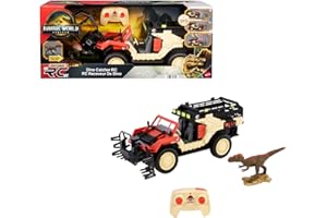 Mattel Jurassic World: El Renacer Matchbox RC Cazadinosaurios teledirigido Camión de juguete teledirigido a pilas con figura de dinosaurio y jaula de captura para transportar al dinosaurio, JHB67