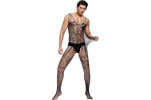 ohyeahlady Body de Rejilla Sexy Hombre Fiesta Talla Grande Medias Red de Malla Conjunto de Lencería de Encaje Bodystocking Abierto Jumpsuit Mesh Ropa Interior Transpirable Clubwear