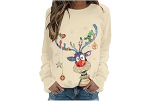 WILLBEST Christmas Sweatshirts for Women UK Funny Reindeer Snowflake Graphic Print Casual Long Sleeve Shirts Tunic Tops Women's Ugly Christmas Sweatshirts Womens Loose Fit Xmas Jumpers Pullover Tops